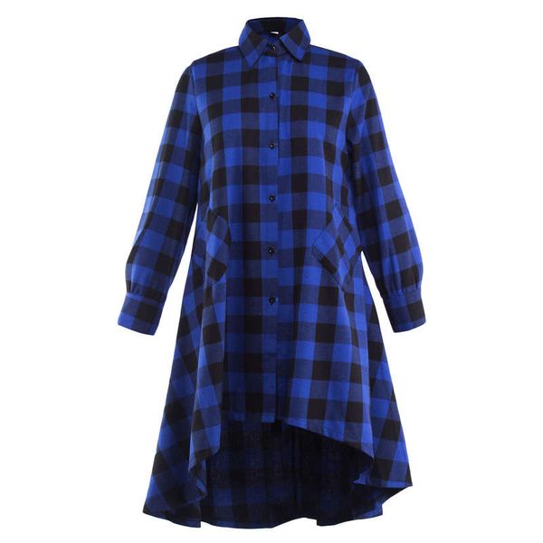 

new women's spring 2019 large loose fashion plaid long sleeve irregular dress, Black;gray