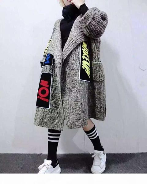 

new women individuality appliques long cardigans fashion thick knitted sweater coat women's sweater shawl and ponchos, White;black