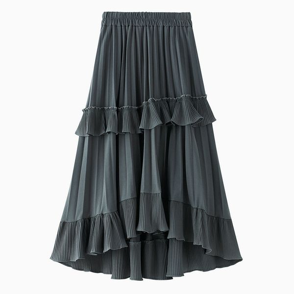 

beige black fashion korean ruffle midi long a-line skirt women casual spring summer high waist irregular all-match skirts female 201111