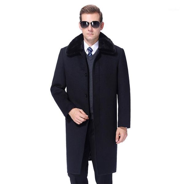 

2019 men wool coat winter woolen long coat cashmere coats warm overcoat peacoat male real fur collar detachable fur liner1, Black