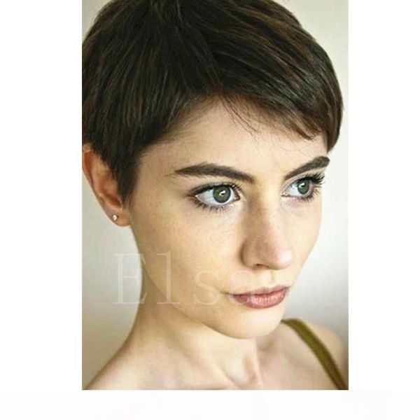 

european style short straight human pixie hair wigs for women elegant with baby hair trendy brazilian virgin cut hair, Black;brown