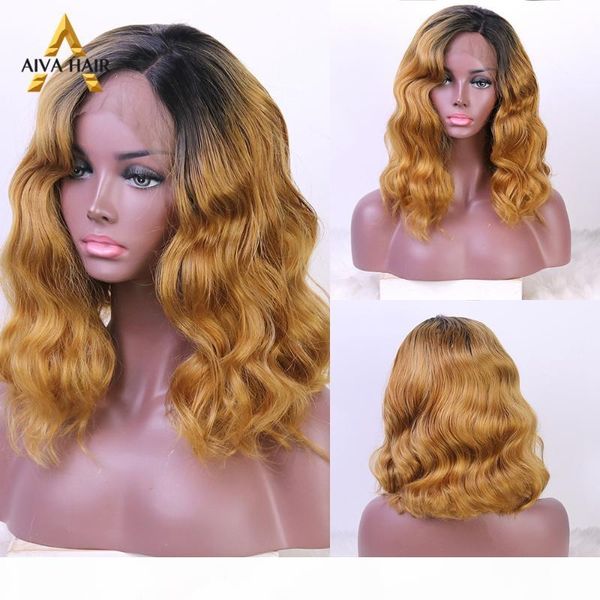 

aiva hair short ombre brown wig glueless synthtic lace front wig heat resistant wavy side part cosplay wigs for black women