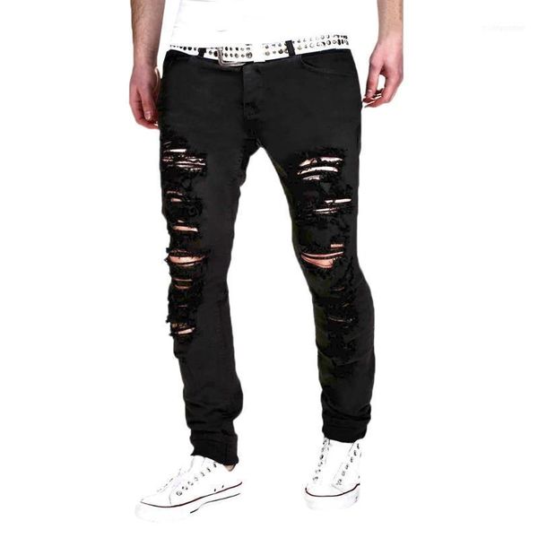 

men's stretchy ripped skinny biker jeans destroyed taped slim fit denim pants straight mid waist zipper men's pant c031311, Black