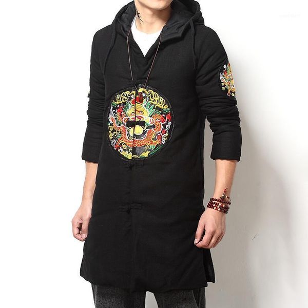 

5xl plus size men dragon embroried winter trench streetwear chinese type frog button front hood long trench jackets men xxxxxl1, Tan;black