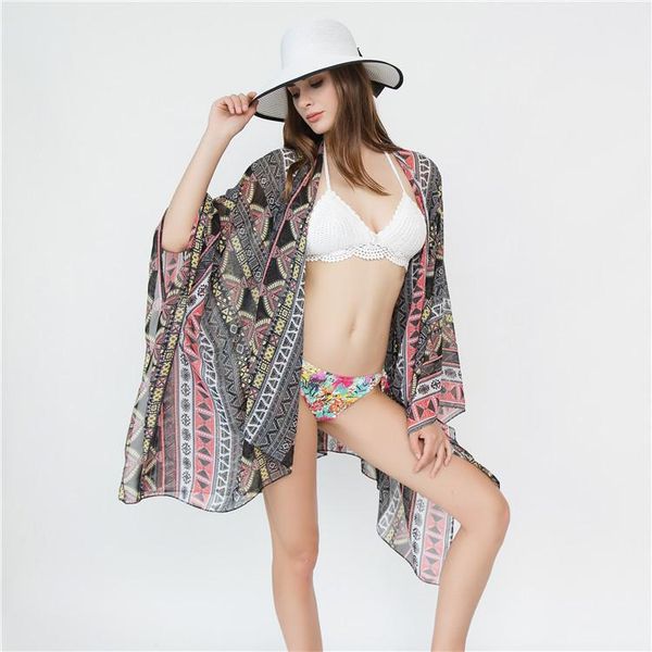

beach large sunscreen egyptian geometric bikini chiffon kimono cardigan, Blue;gray