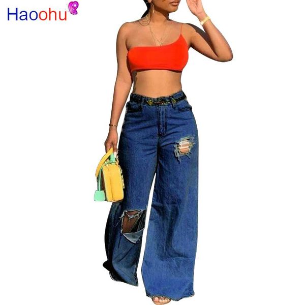 

haoohu women's jeans high waist wide leg denim pants ripped autumn winter blue irregular hole bell-bottoms trousers
