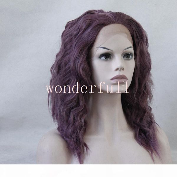 

water wave purple synthetic lace front wigs soft bob hairstyle smoke lilac cosplay hair heat resistant fiber middle part, Black