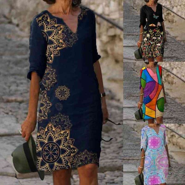 

50%vintage women dress printed loose half sleeve v neck knee-length dress for spring summer, Black;gray