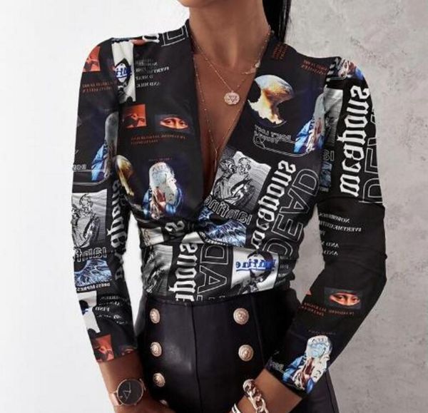 

blouse shirts office lady 2020 spring summer print long sleeve ruffle women blouses v-neck long sleeve pullover, White