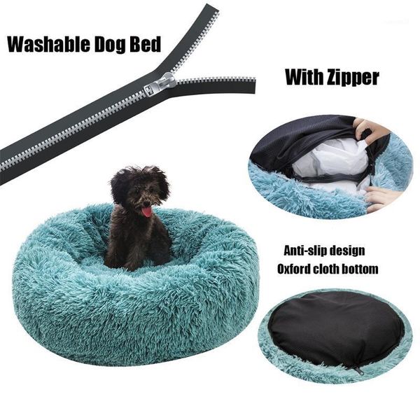 

kennels & pens round plush dog bed with zipper house mat winter warm sleeping cats nest soft long basket pet cushion portable1