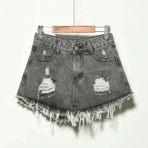 

summer 2020 with holes and irregular cat's edge large denim shorts women's high waisted pants light black trend, Blue