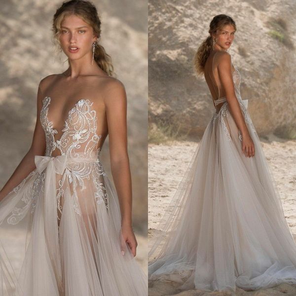 

berta 2021 new wedding dresses lace beaded backless sheer neckline tulle boho bridal gowns vestido de novia, White