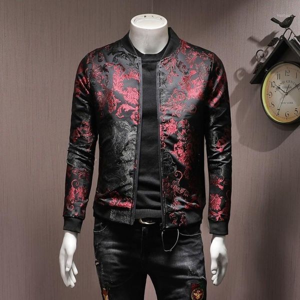 

fashion mens floral embroidery bomber casual slim fit streetwear coat stand collar spring vintage jacket plus size 5xl1, Black;brown