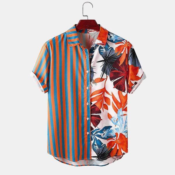 

designer summer fashion men hawaiian shirt print striped patchwork black friday 2021 deals, Tan;black
