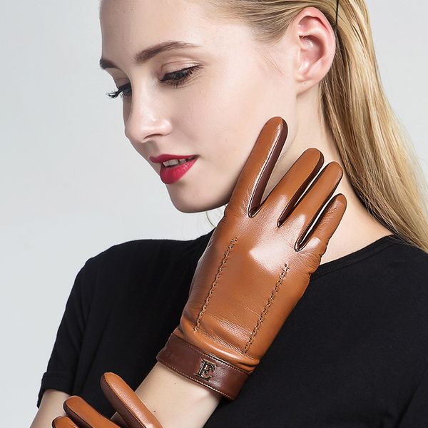 

new genuine leather women gloves female elegant two tones sheepskin gloves autumn winter warm plush lined 3326 201021, Blue;gray