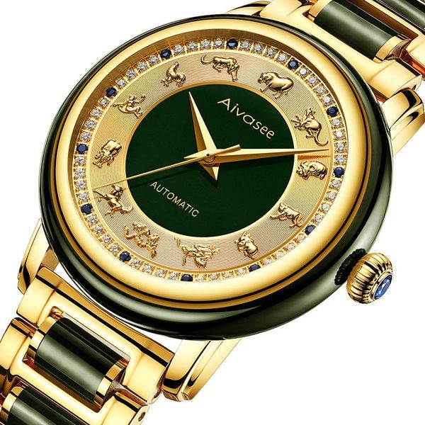 

wristwatches fashion zodiac scale dial cyan jade men's watch sapphire diamond inlay clock couple automatic mechanical wrist watches lad, Slivery;brown