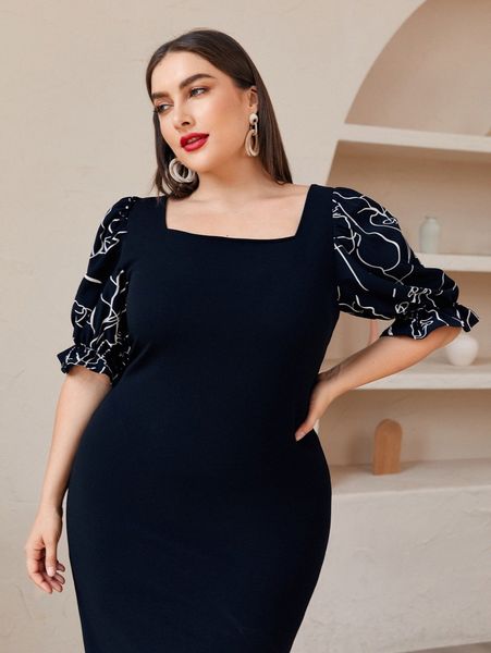 

plus graphic print square neck flounce sleeve split hem dress 708q#, Black