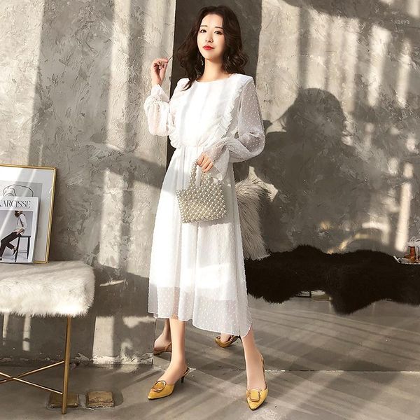 

spring summer chiffon white dress women mid-calf ruffle sleeve dress sweet slim summer casual ladies holiday party1, Black;gray