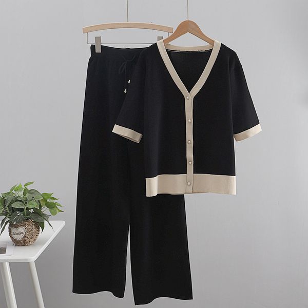 

2021 new spring tracksuits sets wide leg pants suits for knitted half sleeve two piece set cardigan women outfits pfov, White