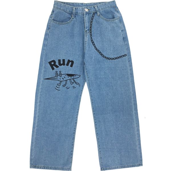 

2021 harajuku female vintage wash women fashion chain loose high waist cartoon print jeans casual trousers 66vx, Blue