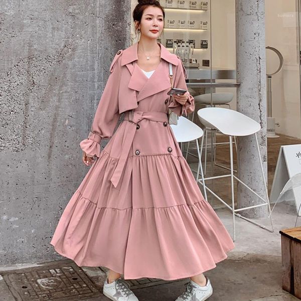 

ewq] 2020 autumn new ladies coat fashion chic turn down collar blet double-breasted pleated hem mid-length sweet windbreaker1, Tan;black