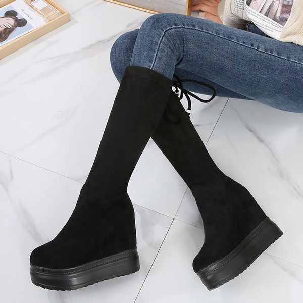 

11cm slope with no knee boots, super high-heeled mid-tube boots, new thick-soled platform high-heeled women's boots for1, Black