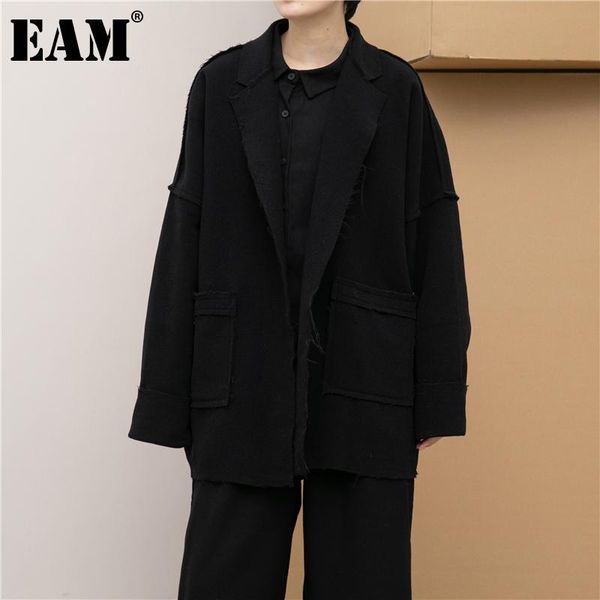 

[eam] loose fit black burr big size short woolen coat parkas new long sleeve women fashion tide autumn winter 2021 1dd2185