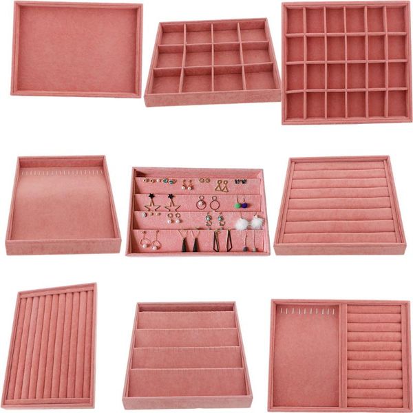 

jewelry tray pink velvet stackable showcase necklace stud display girl necklace ring earring organizer box, Pink;blue