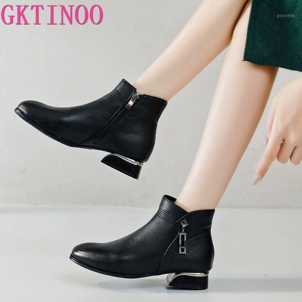 

boots gktinoo 2021 winter shoes women elegant woman genuine leather low heels pointed toe ladies ankle square heel1, Black