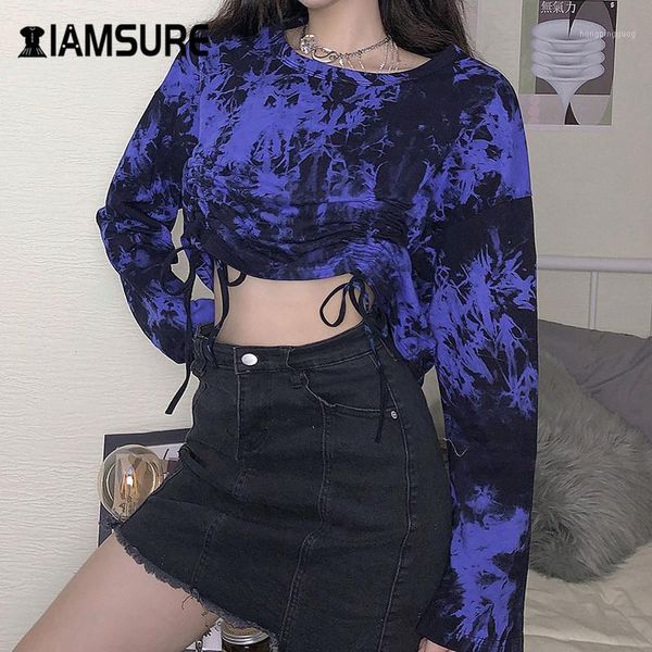 

iamsure casual o-neck drawstring t-shirt for women streetwear fashion long sleeve tie dye female crop shirt 2020 autumn1, White