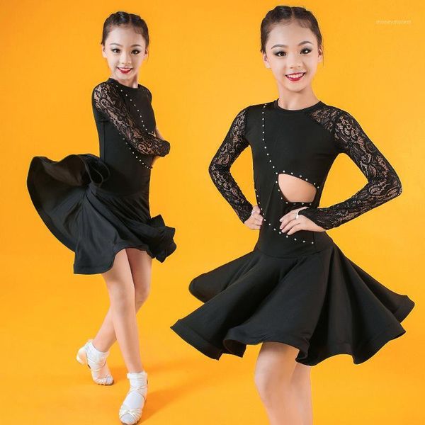 

stage wear children dance costumes long sleeve lace patchwork black latin dress competition ballroom cha rumba samba dress1, Black;red