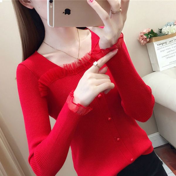 

new 2021 spring retro turtleneck long-sleeve thin-sleeve shirt fitting sweater knitted or crocheted interior of women lace superior kd35, White;black