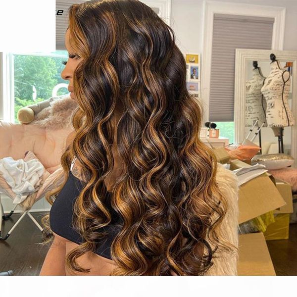 

6'' deep part wave black brown highlight lace front human hair wigs pre plucked hairline brazilian remy silk base wigs baby hair