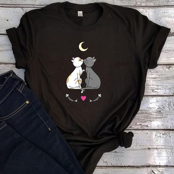 

cats in love kawaii tshirt vintage woman shirts 2020 korean clothes harajuku women valentine's day print cute new, White