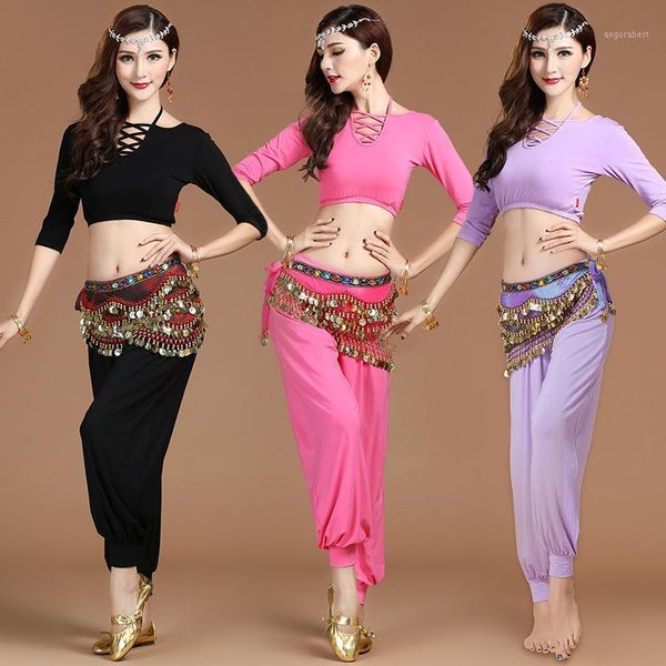 

belly dance clothing practice wear 2020 middle sleeve lantern trousers oriental dance yoga clothes bellydance bl23671, Black;red