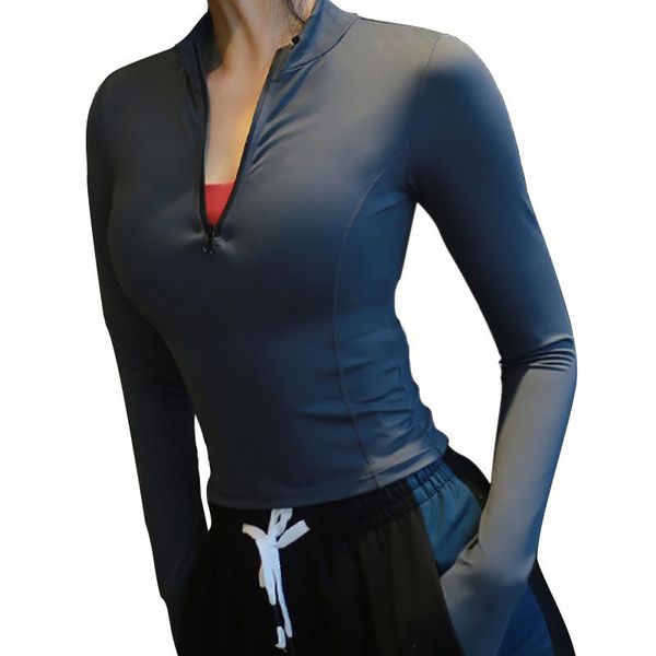 

autumn women zipper long sleeve yoga shirt solid color breathable gym clothing outdoor running fitness sportswear, White;red