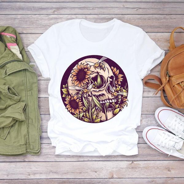 

women 2020 flower floral skull horror print fashion cute summer shirt ladies womens t-shirts t graphic female tee t-shirt, White