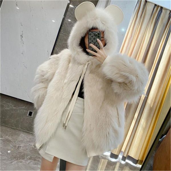 

autumn and winter 2021 new imitation hair women's coat medium length loose hooded fashion mink, fur one coat, Black