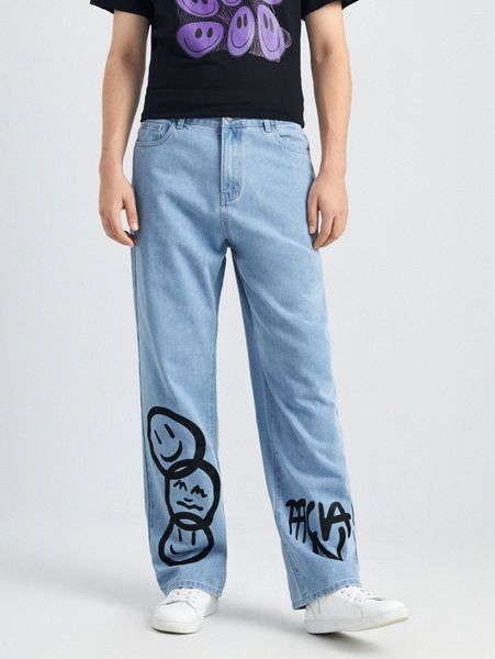 

men cartoon and letter print straight leg jeans d9bl#, Blue