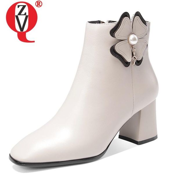 

zvq winter new fashion ankle boots outside high heels square toe genuine leather flowers women shoes drop shipping size 33-39, Black