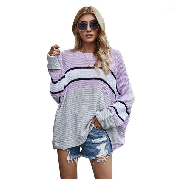 

women wardrobe casual striped patchwork sweater round neck batwing sleeve oversized knit pullover sweater1, White;black