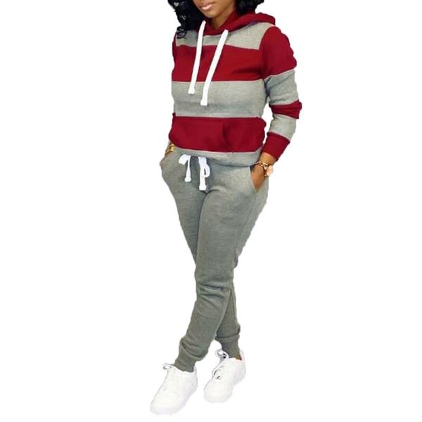 

hooded elastic waist women set striped casual daily soft pants sweatshirt sport fall winter two pieces cotton blend long sleeve, Gray