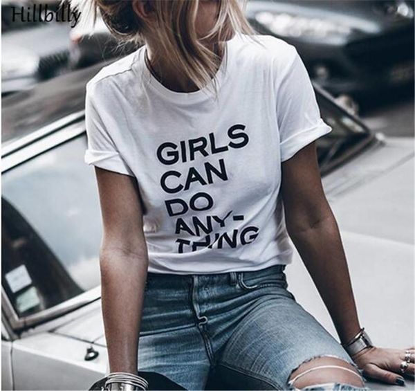 

girls can do anything print women men black t shirt summer fashion cotton casual short sleeve retro girl pink t-shirt s-3xl, White