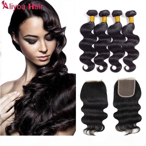 

8a human hair bundles with lace closure natural color brazilian virgin hair 4 bundles with closure and baby hair body wave with closure, Black;brown