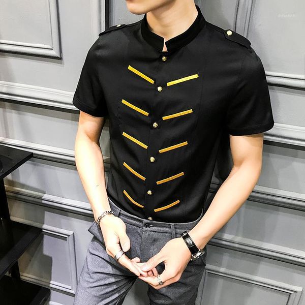 

mandarin collar short sleeve tuxedo shirt men embroidery bar front black white 2020 summer slim fit night club dress shirt male1, White;black