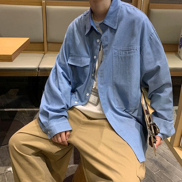 

2021 new privathinker men's solid color long sleeve denim shirt woman vintage oversize streetwear man casual clothing hip hop 258y, White;black