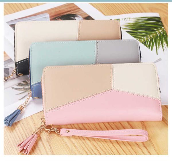 

women pu leather long female coin purses patchwork clutch zipper card wallets tassel holder 6z, Red;black