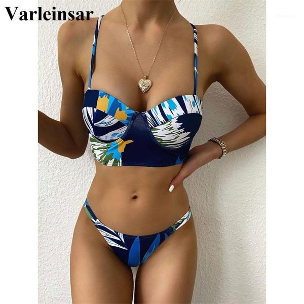 

new 2020 printed bikini push up swimsuit female swimwear women two-pieces bikini set with bra cup bather bathing suit swim v23821, White;black