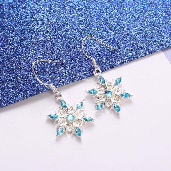 

blue zircon snowflake necklace earring set for women wedding jewelry charm rhinestone snowflake earring pendant necklace, Silver
