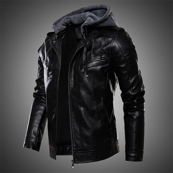 

mens jacket pu leather jacket men hooded coat fur lined motorcycle jacket fashion coat autumn winter coat plus size 4xl 5xl 201223, Black